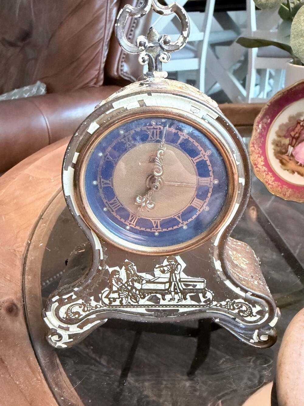 Vintage Emes German Mantel Clock with Musical Scene and Blue Face